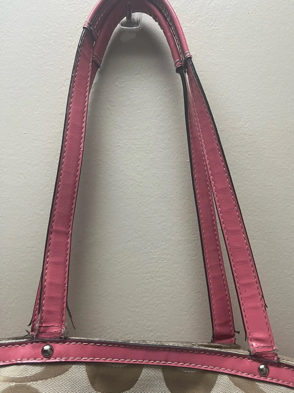 Coach Beige Signature Canvas Tote with Pink Leather Trim